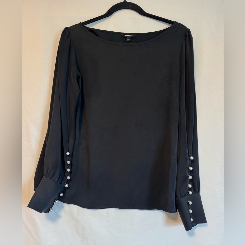 Express Black Pearl Sleeve Blouse Elegant Minimalist Office Chic Top